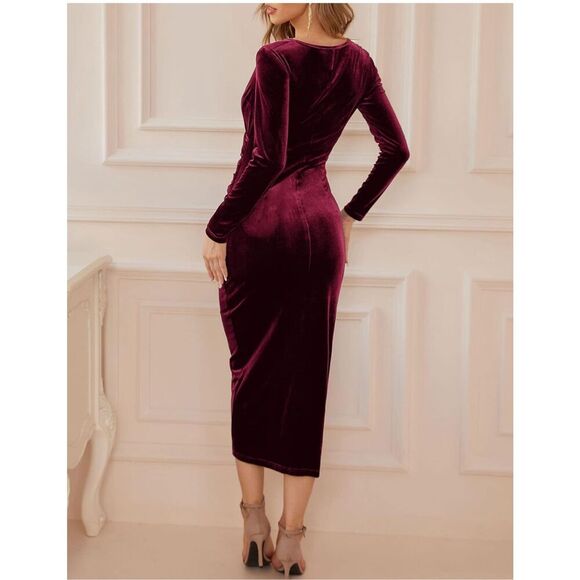 NEW Elegant Velvet Long Sleeve Wrap V Neck Ruched Bodycon Dress L - Picture 2 of 5